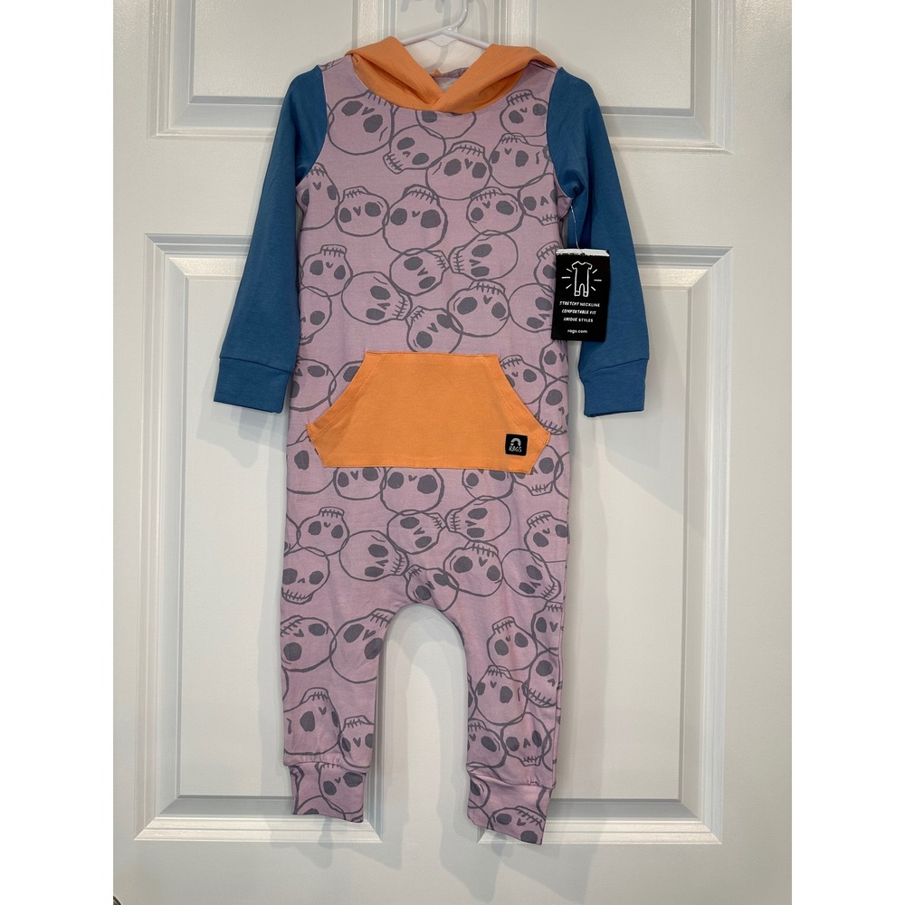 Rags‎ Skull Hoodie Size 2T Romper Jumpsuit Pajamas Orange Pocket Long Sleeve